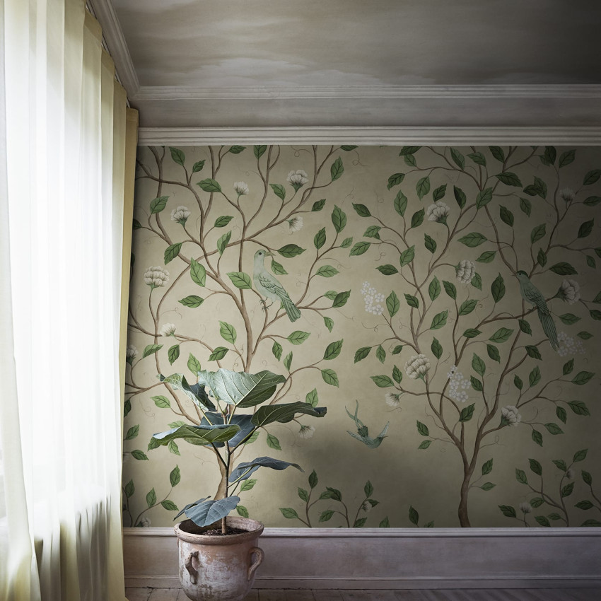 Tapet floral cu păsări și flori în stil Chinoiserie