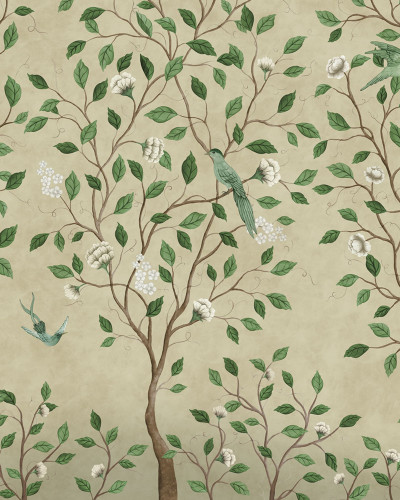 Tapet bej cu design chinoiserie într-o cameră de zi luminoasă