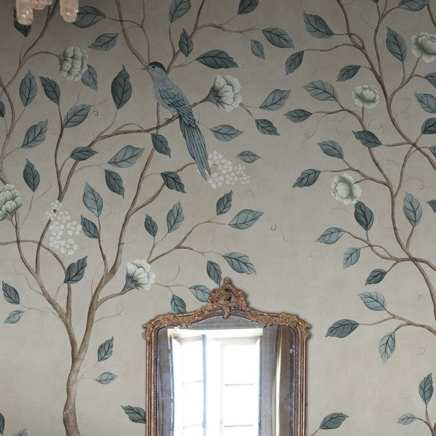 Tapet floral cu păsări și flori în stil Chinoiserie