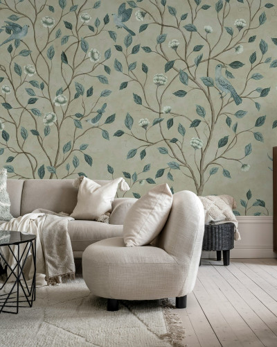 Tapet floral cu păsări și flori în stil Chinoiserie
