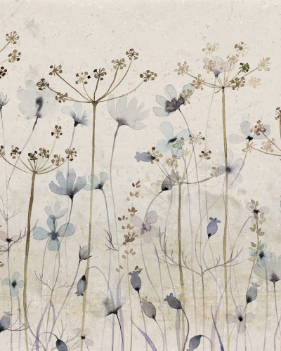 Tapet cu flori delicate, Dreamy Meadow, Blue, cu un design natural si elegant, perfect pentru dormitor.
