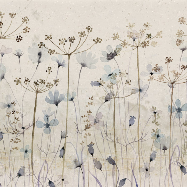 Tapet cu flori delicate, Dreamy Meadow, Blue, cu un design natural si elegant, perfect pentru dormitor.