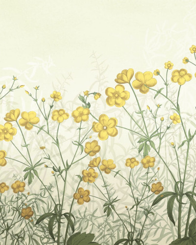 Tapet cu flori galbene vintage, in design floral, aplicat pe peretele unui dormitor