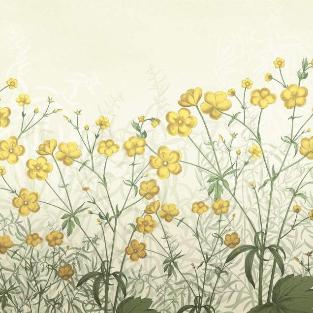 Tapet cu flori galbene vintage, in design floral, aplicat pe peretele unui dormitor