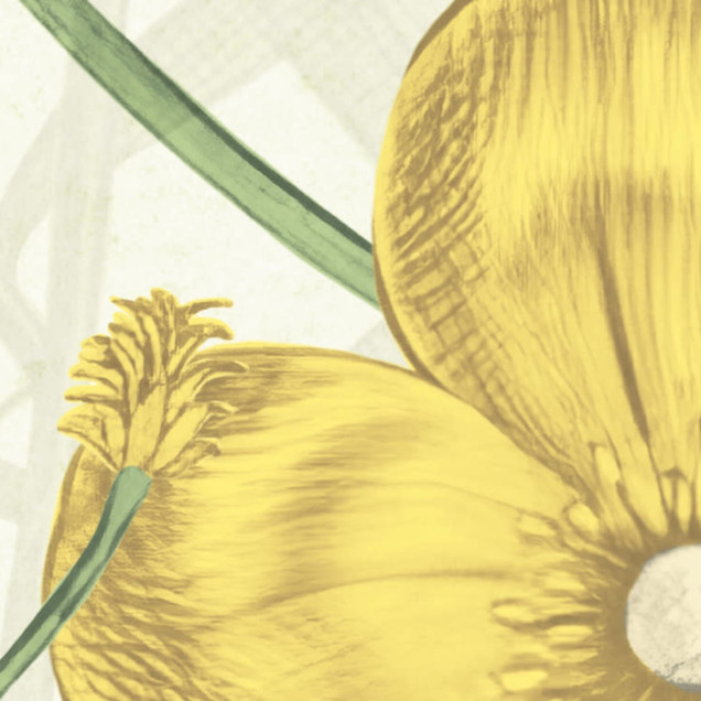 Tapet cu flori galbene vintage, in design floral, aplicat pe peretele unui dormitor
