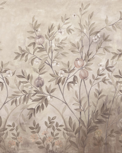 Fototapet cu motiv floral în tonuri de verde și ruginiu într-un living elegant