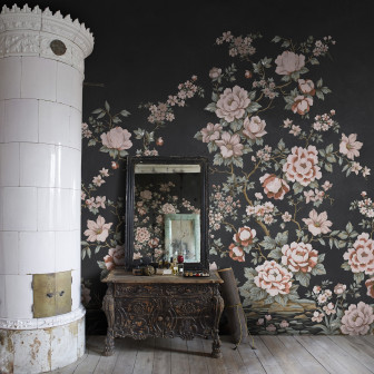 Fototapet floral chinoiserie pe fond negru