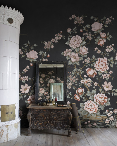 Fototapet floral chinoiserie pe fond negru