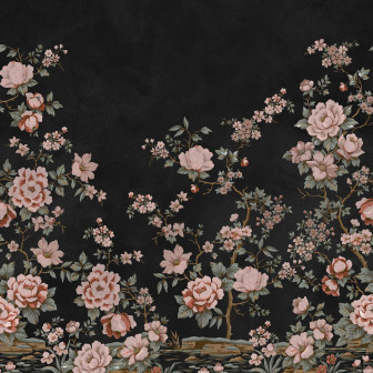 Fototapet floral chinoiserie pe fond negru