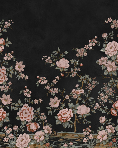 Fototapet floral chinoiserie pe fond negru