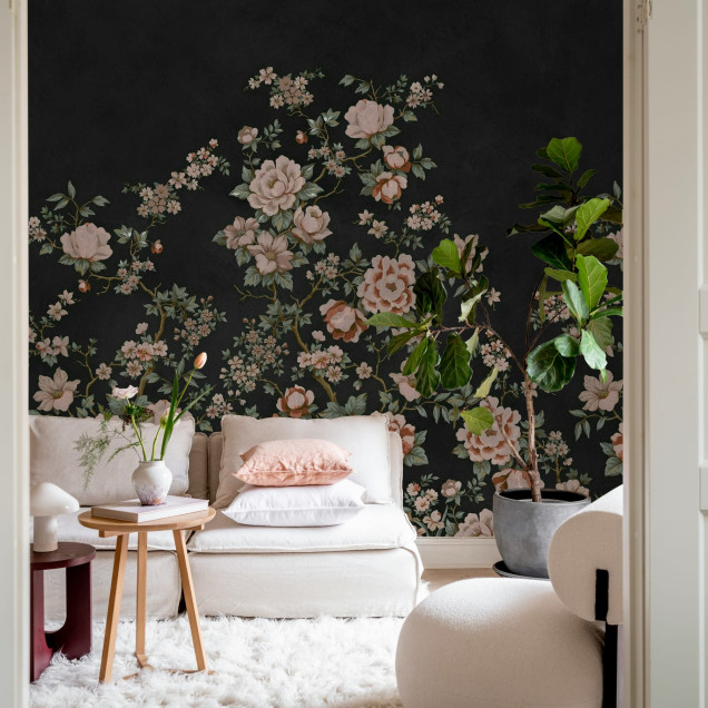 Fototapet floral chinoiserie pe fond negru