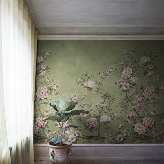 Fototapet floral Chinoiserie verde cu detalii rafinate