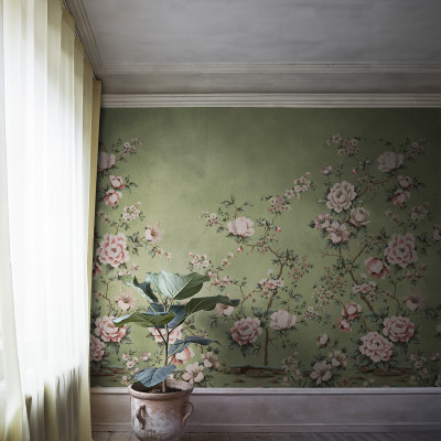Fototapet floral Chinoiserie verde cu detalii rafinate