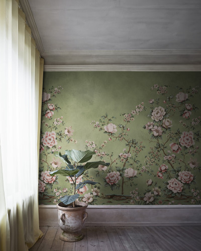 Fototapet floral Chinoiserie verde cu detalii rafinate
