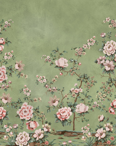 Fototapet floral Chinoiserie verde cu detalii rafinate