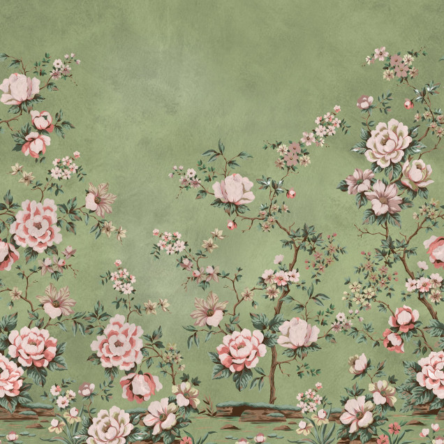 Fototapet floral Chinoiserie verde cu detalii rafinate