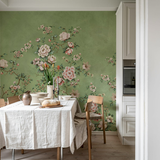 Fototapet floral Chinoiserie verde cu detalii rafinate