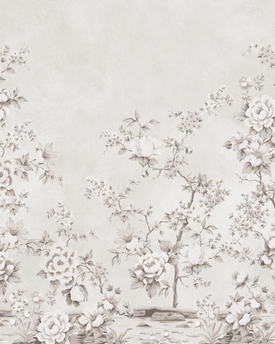Fototapet floral Chinoiserie gri într-un living elegant