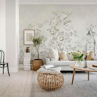 Fototapet floral Chinoiserie gri într-un living elegant