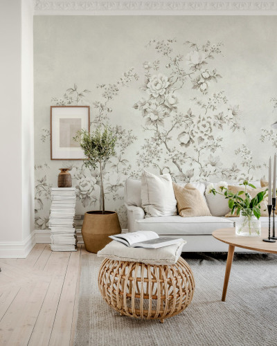 Fototapet floral Chinoiserie gri într-un living elegant