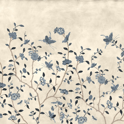 Fototapet floral albastru în living elegant
