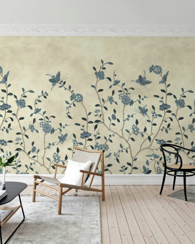 Fototapet floral albastru în living elegant