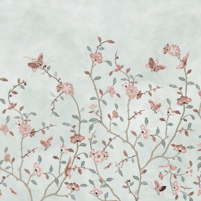 Tapet floral bleu deschis într-un living elegant