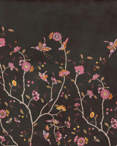 Fototapet floral elegant cu ramuri înflorite pe fundal negru