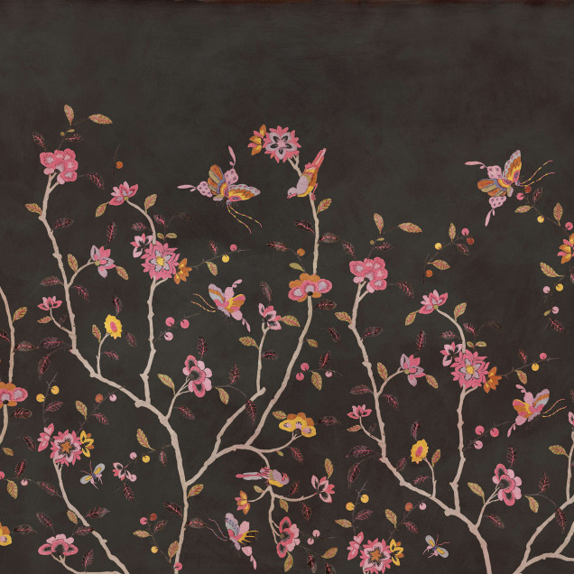 Fototapet floral elegant cu ramuri înflorite pe fundal negru