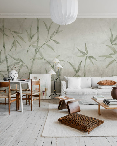 Fototapet cu motiv bambus verde într-un living modern