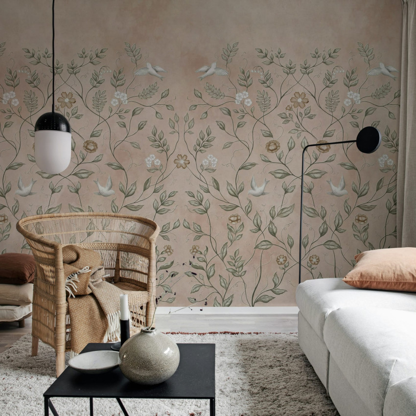 Fototapet cu design floral și păsări delicate într-un living modern