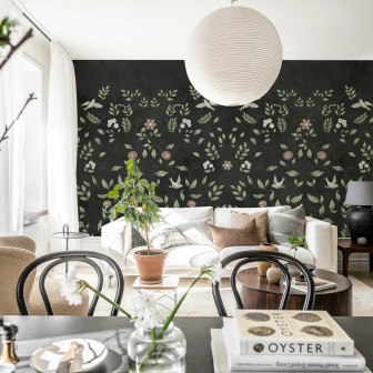 Fototapet cu design floral și păsări delicate într-un living modern