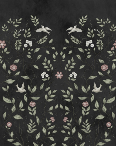 Fototapet cu design floral și păsări delicate într-un living modern