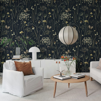 Wallpaper Flower Garden, Midnight cu flori uscate și fluturi pe un fundal negru