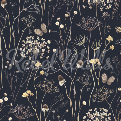 Wallpaper Flower Garden, Midnight cu flori uscate și fluturi pe un fundal negru