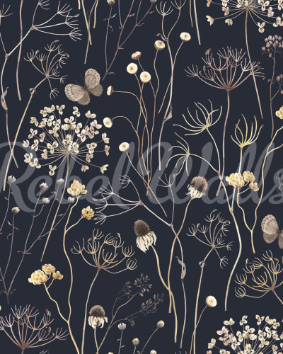Wallpaper Flower Garden, Midnight cu flori uscate și fluturi pe un fundal negru