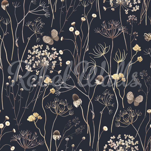 Wallpaper Flower Garden, Midnight cu flori uscate și fluturi pe un fundal negru