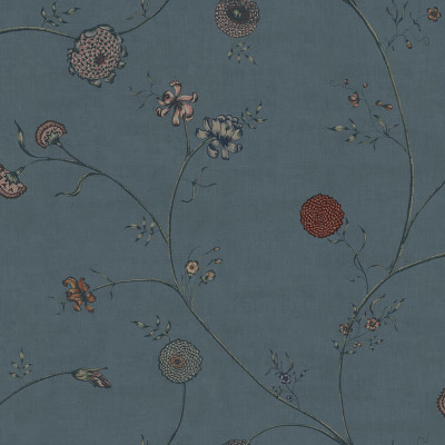 Wallpaper floral in nuante de albastru, cu flori delicate si ramuri subtiri, incadrand o masa cu scaune intr-o camera luminoasa.