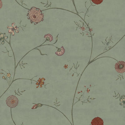 Tapet Grand Flower Thread cu flori delicate pe un fundal verde. Imaginea prezintă un tapet aplicat pe un perete din living, cu o masă de dining și scaune.