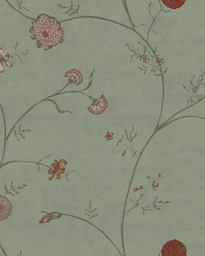 Tapet Grand Flower Thread cu flori delicate pe un fundal verde. Imaginea prezintă un tapet aplicat pe un perete din living, cu o masă de dining și scaune.