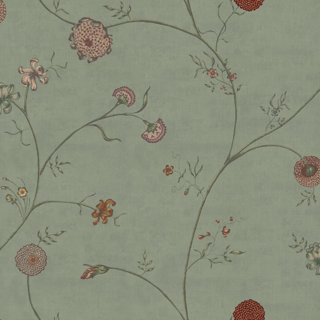 Tapet Grand Flower Thread cu flori delicate pe un fundal verde. Imaginea prezintă un tapet aplicat pe un perete din living, cu o masă de dining și scaune.