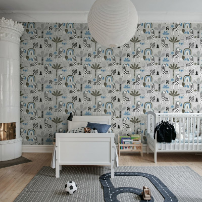 Tapet Happy Zebra, Blue cu zebre vesele și curcubeu, ideal pentru camera copiilor.