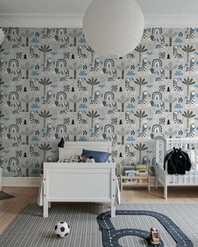 Tapet Happy Zebra, Blue cu zebre vesele și curcubeu, ideal pentru camera copiilor.