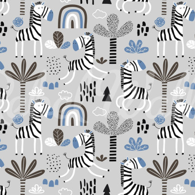 Tapet Happy Zebra, Blue cu zebre vesele și curcubeu, ideal pentru camera copiilor.