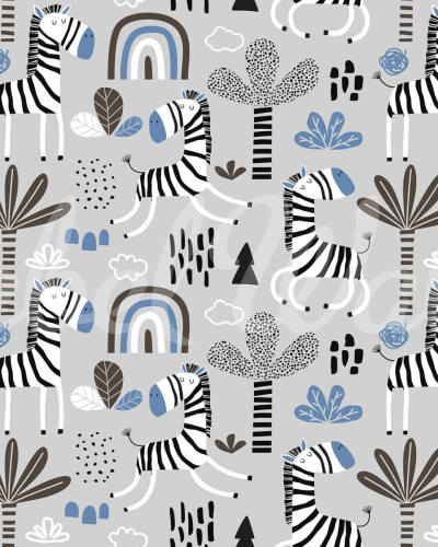 Tapet Happy Zebra, Blue cu zebre vesele și curcubeu, ideal pentru camera copiilor.