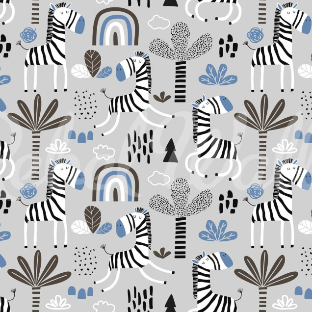 Tapet Happy Zebra, Blue cu zebre vesele și curcubeu, ideal pentru camera copiilor.