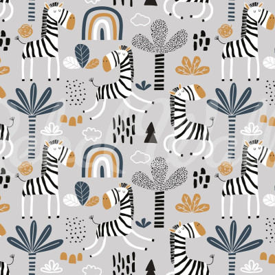 Tapet Happy Zebra, Gri, cu zebre negre și albe pe un fundal gri deschis, cu accente galbene și albastre.