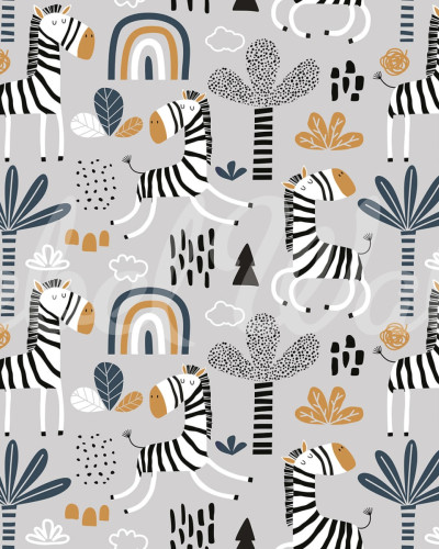 Tapet Happy Zebra, Gri, cu zebre negre și albe pe un fundal gri deschis, cu accente galbene și albastre.