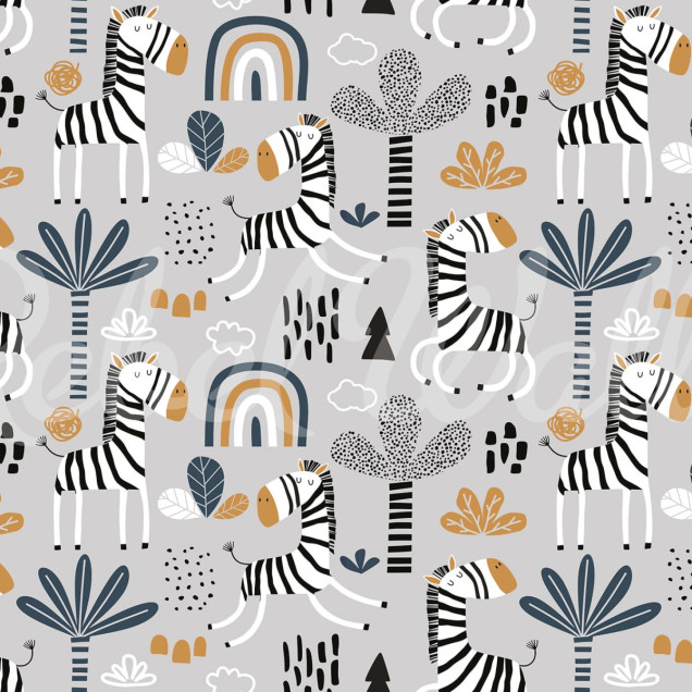 Tapet Happy Zebra, Gri, cu zebre negre și albe pe un fundal gri deschis, cu accente galbene și albastre.
