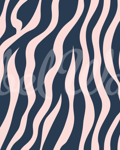Tapet cu dungi de zebra albastre și roz, Zebra Lines, Blue & Pink, decorat cu un pat alb într-o cameră cu decor modern.